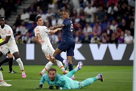 League 1, Paris Saint-Germain vs Montpellier: PSG's Bradley Barcola, right, scores the opening goal